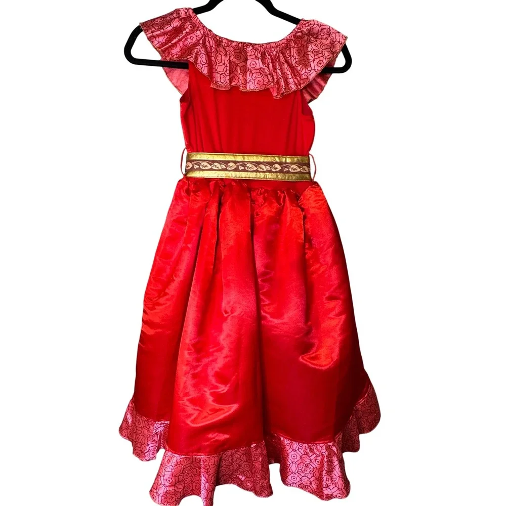 Disney Store Elena of Avalor Costume Dress Red Satin Gold Belt Girls Size 7/8